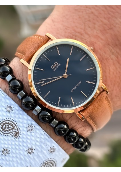 Marka Retro Taba Renk 24 Ay Garantili,su Geçirmez, Deri Kordon Erkek Kolsaati+Bileklik