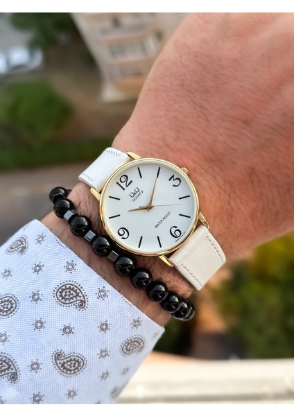Retro Beyaz Renk Su Geçirmez Deri Kordon Erkek Kol Saati+Bileklik fırsatları