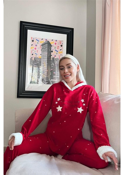 Kırmızı Everyday Magic Desenli Kapşonlu Peluş Polar Pijama