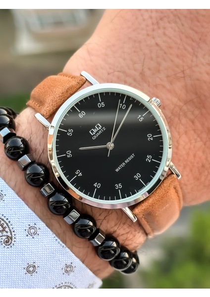 Marka Retro Taba Renk 24 Ay Garantili,su Geçirmez, Deri Kordon Erkek Kolsaati+Bileklik