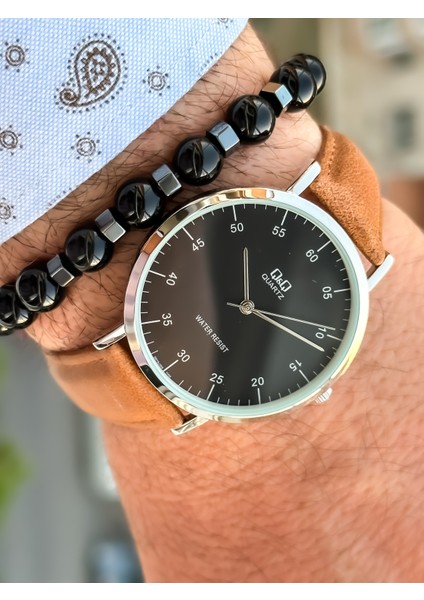 Marka Retro Taba Renk 24 Ay Garantili,su Geçirmez, Deri Kordon Erkek Kolsaati+Bileklik modelleri