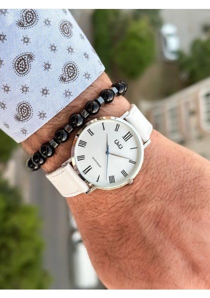 Marka Retro Beyaz Renk 24 Ay Garantili,su Geçirmez, Deri Kordon Erkek Kol Saati+Bileklik