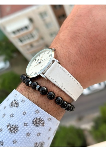 Marka Retro Beyaz Renk 24 Ay Garantili,su Geçirmez, Deri Kordon Erkek Kol Saati+Bileklik indirimleri