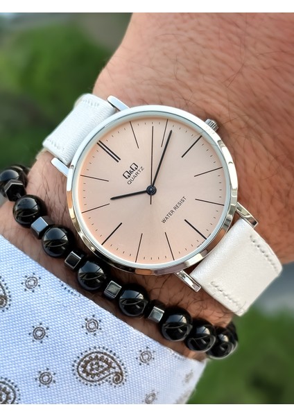 Retro Beyaz Renk 24 Ay Garantili,su Geçirmez, Deri Kordon Erkek Kolsaati+Bileklik