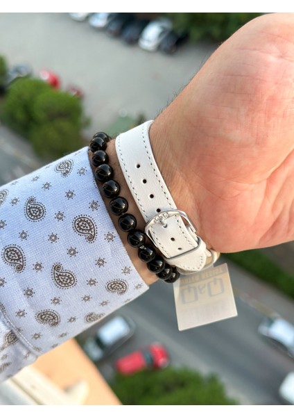 Retro Beyaz Renk 24 Ay Garantili,su Geçirmez, Deri Kordon Erkek Kolsaati+Bileklik indirimleri