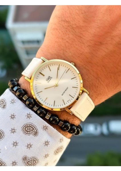 Retro Beyaz Renk,24 Ay Garantili,su Geçirmez, Deri Kordon Erkek Kolsaati+Bileklik