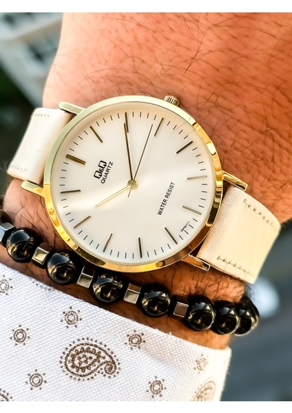 Retro Beyaz Renk,24 Ay Garantili,su Geçirmez, Deri Kordon Erkek Kolsaati+Bileklik fiyatları