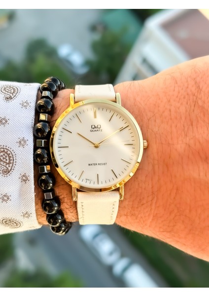 Retro Beyaz Renk,24 Ay Garantili,su Geçirmez, Deri Kordon Erkek Kolsaati+Bileklik modelleri