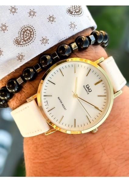 Retro Beyaz Renk,24 Ay Garantili,su Geçirmez, Deri Kordon Erkek Kolsaati+Bileklik fırsatları