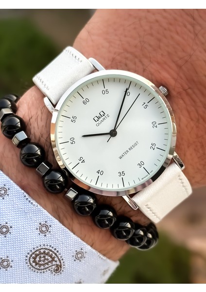Marka Retro Beyaz Renk, Su Geçirmez, Deri Kordon Erkek Kol Saati+Bileklik