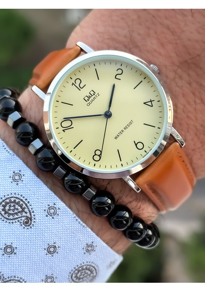 Marka Retro Taba Renk 24 Ay Garantili,su Geçirmez, Deri Kordon Erkek Kolsaati+Bileklik