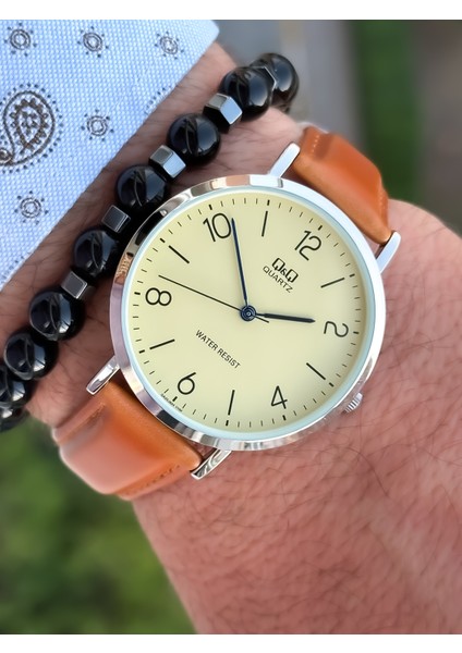 Marka Retro Taba Renk 24 Ay Garantili,su Geçirmez, Deri Kordon Erkek Kolsaati+Bileklik modelleri