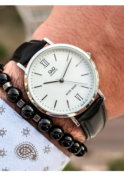 Marka Retro Siyah Renk 24 Ay Garantili,su Geçirmez, Deri Kordon Erkek Kolsaati+Bileklik