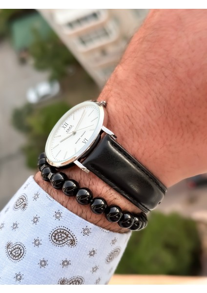 Marka Retro Siyah Renk 24 Ay Garantili,su Geçirmez, Deri Kordon Erkek Kolsaati+Bileklik indirimleri