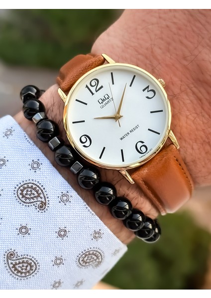 Marka Retro Taba , 24 Ay Garantili, Su Geçirmez, Deri Kordon Erkek Kol Saati+Bileklik