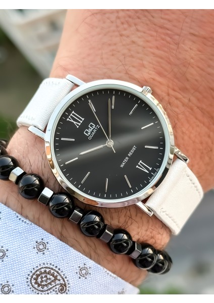 Marka Retro Beyaz Renk 24 Ay Garantili,su Geçirmez, Deri Kordon Erkek Kolsaati+Bileklik