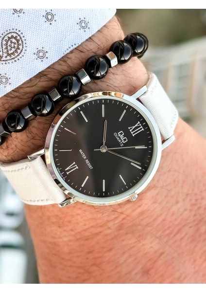 Marka Retro Beyaz Renk 24 Ay Garantili,su Geçirmez, Deri Kordon Erkek Kolsaati+Bileklik modelleri