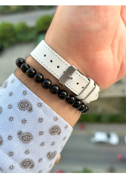 Marka Retro Beyaz Renk 24 Ay Garantili,su Geçirmez, Deri Kordon Erkek Kolsaati+Bileklik fırsatları