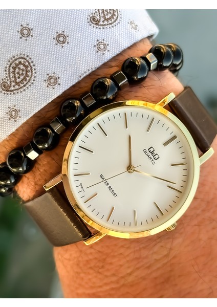 Marka Retro Kahverengi Deri Kordon Erkek Kolsaati+Bileklik