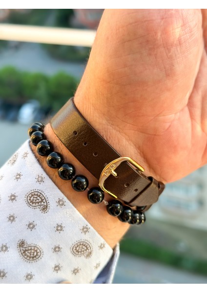Marka Retro Kahverengi Deri Kordon Erkek Kolsaati+Bileklik indirimleri