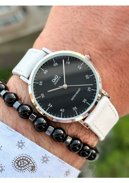 Marka Retro Beyaz Renk Deri Kordon Erkek Kolsaati+Bileklik