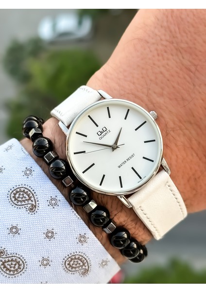 Marka Retro Beyaz Renk,24 Ay Garantili,su Geçirmez, Deri Kordon Erkek Kolsaati+Bileklik