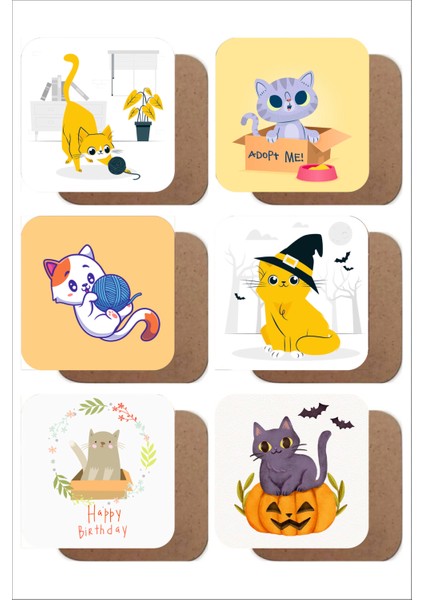 Kedi Temalı 6'lı Ahşap Bardak Altlığı Seti