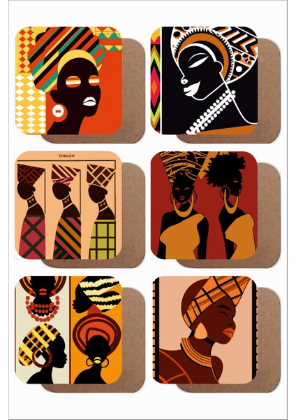 Afrikalı Kadınlar Temalı Retro /vintage 6'lı Ahşap Bardak Altlığı Seti