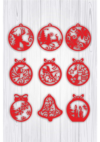 Ahşap Beyaz Yılbaşı Ağacı Süsleri ( 9 Lu Set)-1 Kırmızı