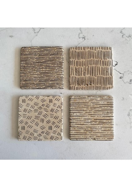 Taş Bardak Altlığı Stone Coasters - 4lü Set Minimalist Çizgiler