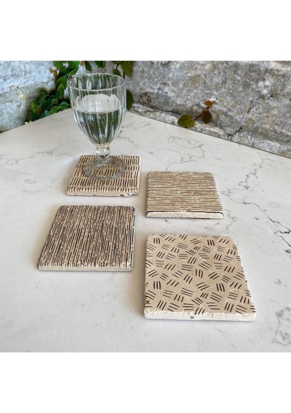 Taş Bardak Altlığı Stone Coasters - 4lü Set Minimalist Çizgiler fiyatları