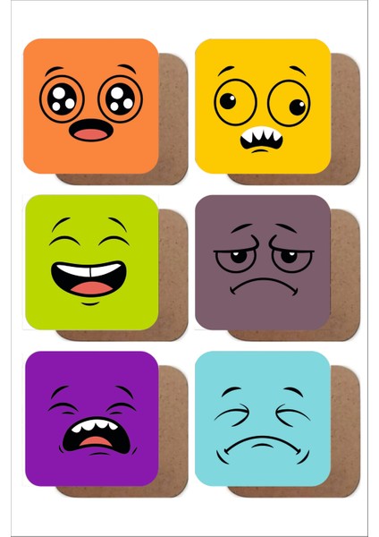 Renkli Yüz Ifadeleri 6'lı Ahşap Bardak Altlığı Seti 4