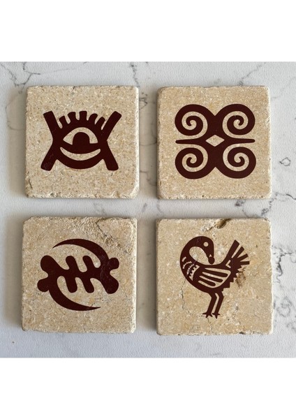 Taş Bardak Altlığı Stone Coasters - 4 Lü Set Adinkra Sembolleri