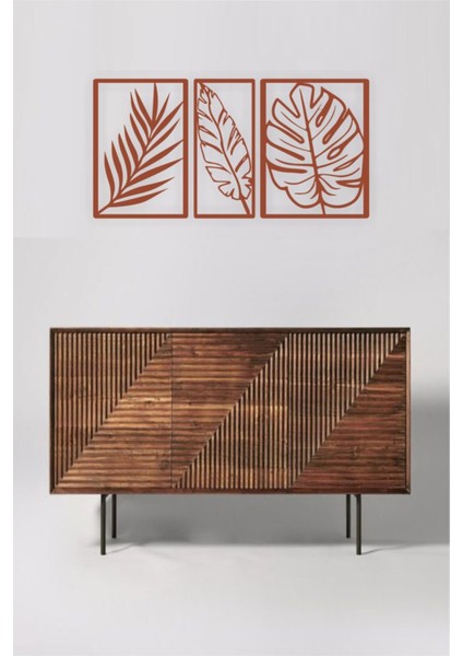 Dekoratif Ahşap 3'lü Doğa Yaprak Temalı Duvar Dekoru - Süsü, Tablo- V2 Kahverengi