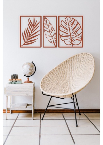 Dekoratif Ahşap 3'lü Doğa Yaprak Temalı Duvar Dekoru - Süsü, Tablo- V2 Kahverengi fiyatları