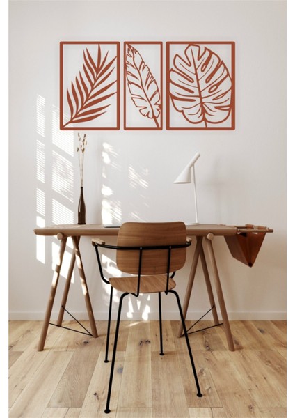 Dekoratif Ahşap 3'lü Doğa Yaprak Temalı Duvar Dekoru - Süsü, Tablo- V2 Kahverengi fırsatları