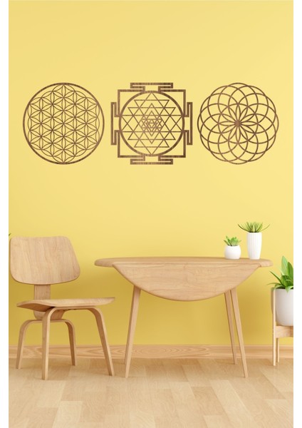 Ahşap Yaşam Çiçeği Sri Yantra Torus Bolluk Bereket Sembolleri Üçlü Dekoratif Tablo Duvar Süsü