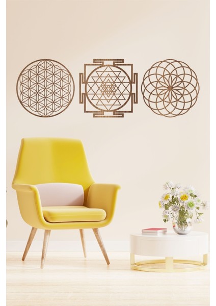 Ahşap Yaşam Çiçeği Sri Yantra Torus Bolluk Bereket Sembolleri Üçlü Dekoratif Tablo Duvar Süsü modelleri