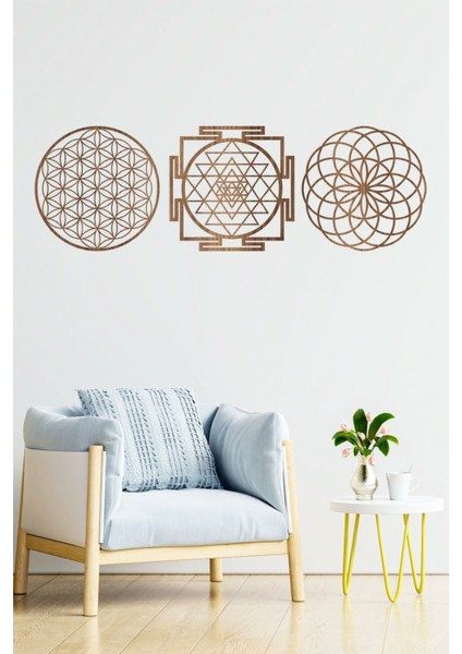 Ahşap Yaşam Çiçeği Sri Yantra Torus Bolluk Bereket Sembolleri Üçlü Dekoratif Tablo Duvar Süsü fırsatları