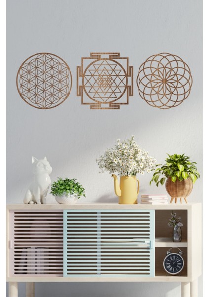 Ahşap Yaşam Çiçeği Sri Yantra Torus Bolluk Bereket Sembolleri Üçlü Dekoratif Tablo Duvar Süsü indirimleri