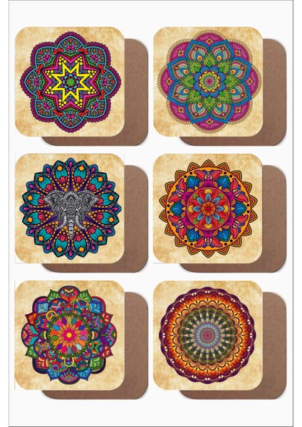Mandala Temalı Vintage 6'lı Ahşap Bardak Altlığı Seti