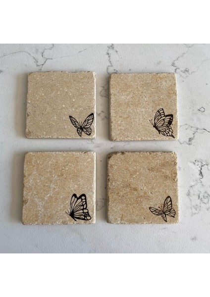 Taş Bardak Altlığı Stone Coasters - 4 Lü Set Kelebekler