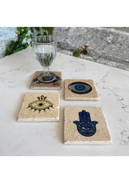 Taş Bardak Altlığı Stone Coasters - 4 Lü Set Hamsa, Nazar Boncuğu fiyatları