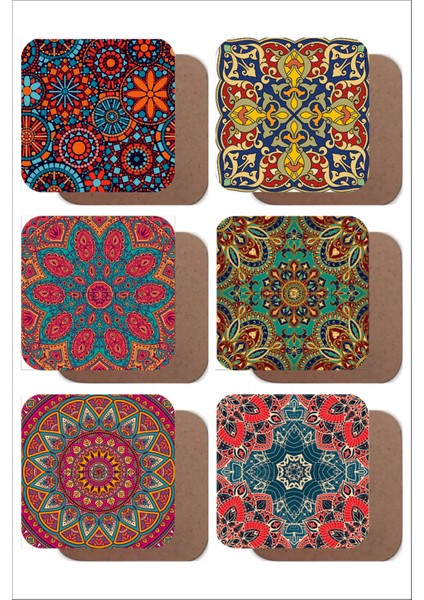 Mandala Temalı Vintage 6'lı Ahşap Bardak Altlığı Seti