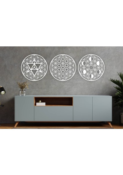 Kutsal Geometri 3 Lü Set, Yaşam Çiçeği, Merkaba, Ay Evreleri Duvar Dekoru, Ahşap Dekoratif Tablo fiyatları