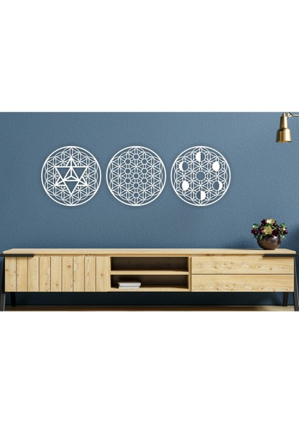 Kutsal Geometri 3 Lü Set, Yaşam Çiçeği, Merkaba, Ay Evreleri Duvar Dekoru, Ahşap Dekoratif Tablo indirimleri