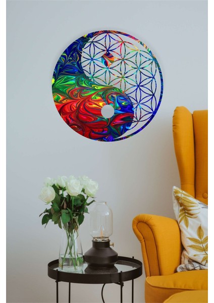 Renkli Yaşam Çiçeği Yin Yang Duvar Dekoru - Süsü, Ahşap Dekoratif Tablo