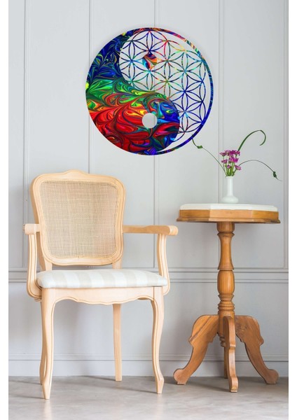 Renkli Yaşam Çiçeği Yin Yang Duvar Dekoru - Süsü, Ahşap Dekoratif Tablo fiyatları