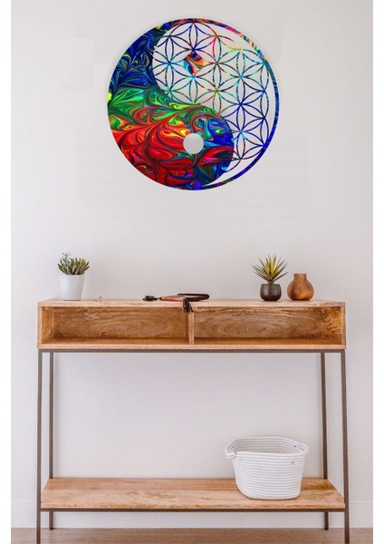 Renkli Yaşam Çiçeği Yin Yang Duvar Dekoru - Süsü, Ahşap Dekoratif Tablo fırsatları