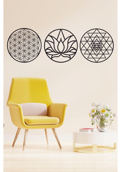 Kutsal Geometri 3'l Ü Set Sri Yantra, Lotus Çiçeği, Yaşam Çiçeği Duvar Dekoru, Tablo